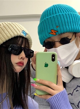 韩国ins嘻哈卷边刺绣毛线帽子女秋冬学生百搭针织瓜皮帽冷帽男潮