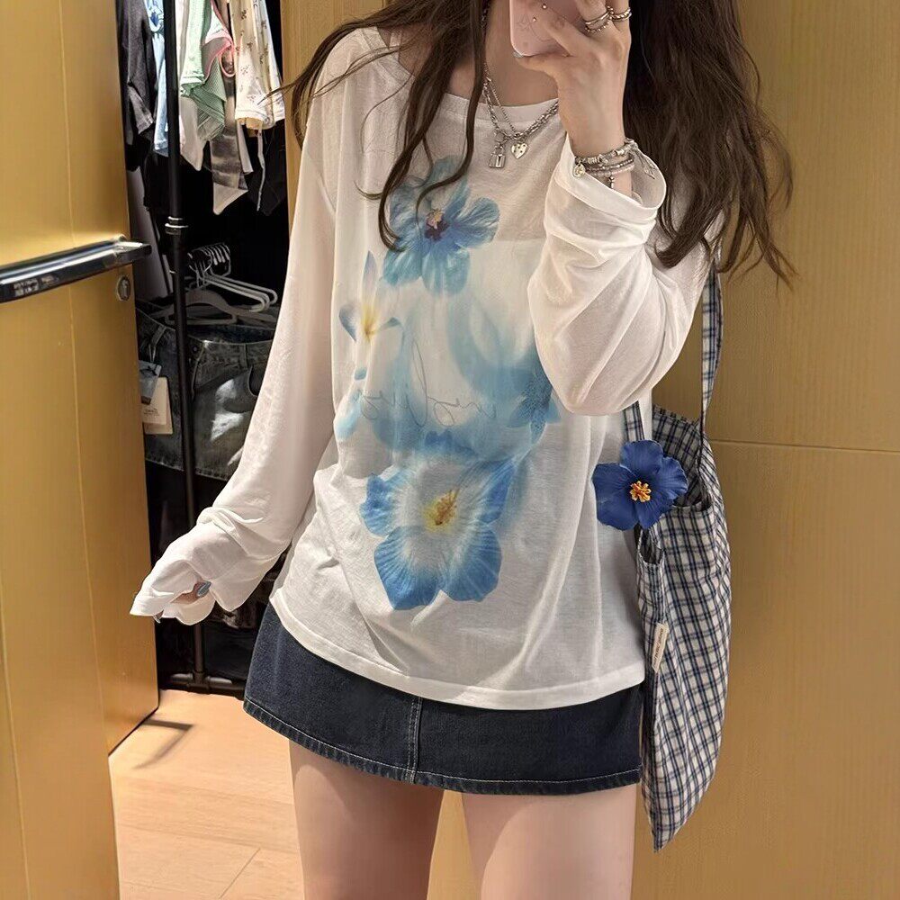 慵懒风长袖t恤女夏季轻薄透气防晒衣宽松薄款防晒罩衫外穿上衣