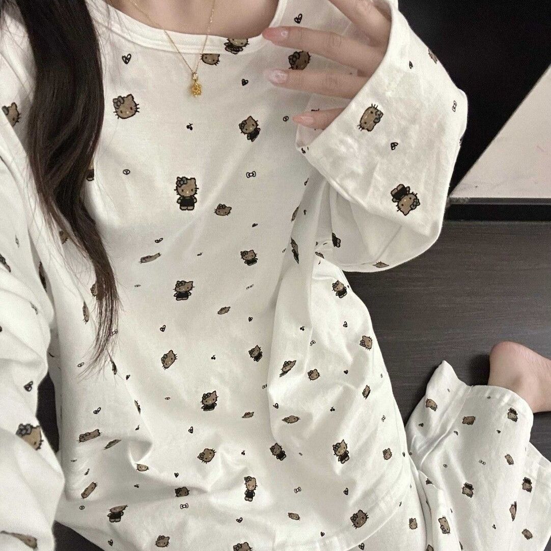 韩系卡通热销爆款少女感T恤睡衣春秋新款大码长袖长裤家居服套装