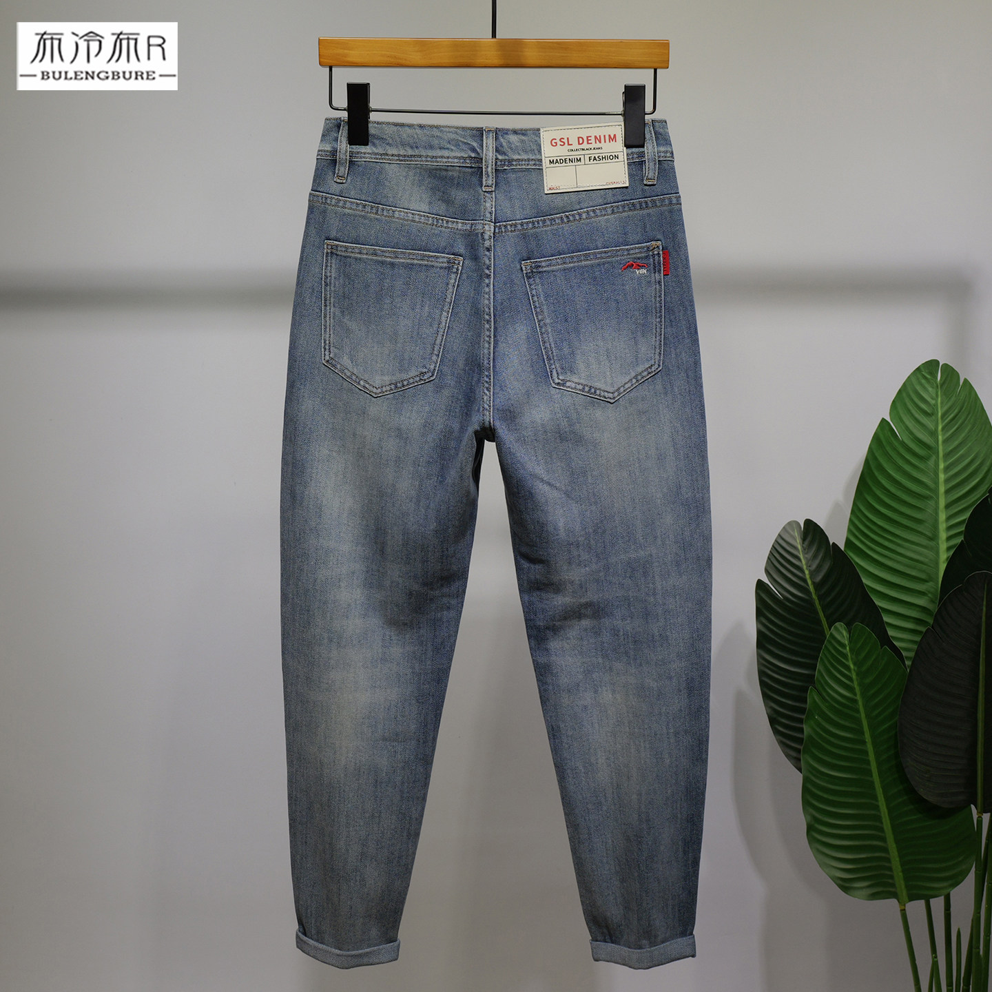 布冷布热 薄款春夏修身小脚蓝色牛仔裤男小刺绣弹力柔软透气长裤