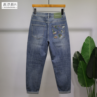 男春夏休闲小哈伦蓝色刺绣百搭青年长裤 宽松锥形裤 薄款 布冷布热