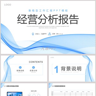 蓝色简约波纹曲线背景经营分析报告PPT模板