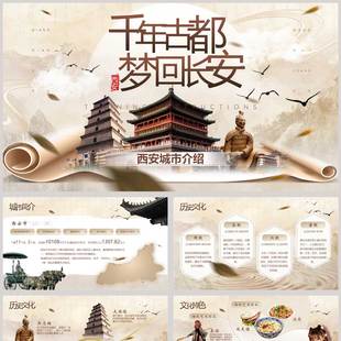 古建筑背景的“千年古都梦回长安”西安城市介绍PPT模板