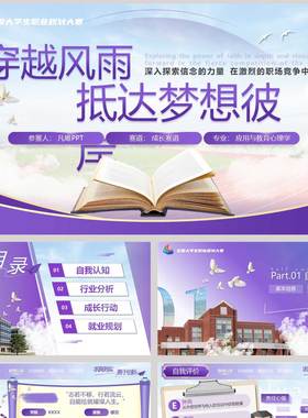 紫色书籍背景的“穿越风雨抵达梦想彼岸”大学生职业规划PPT模板