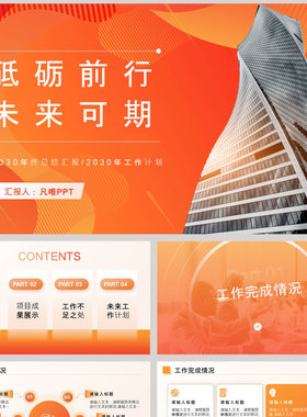 橙色写字楼背景“砥砺前行未来可期”年终总结汇报PPT模板
