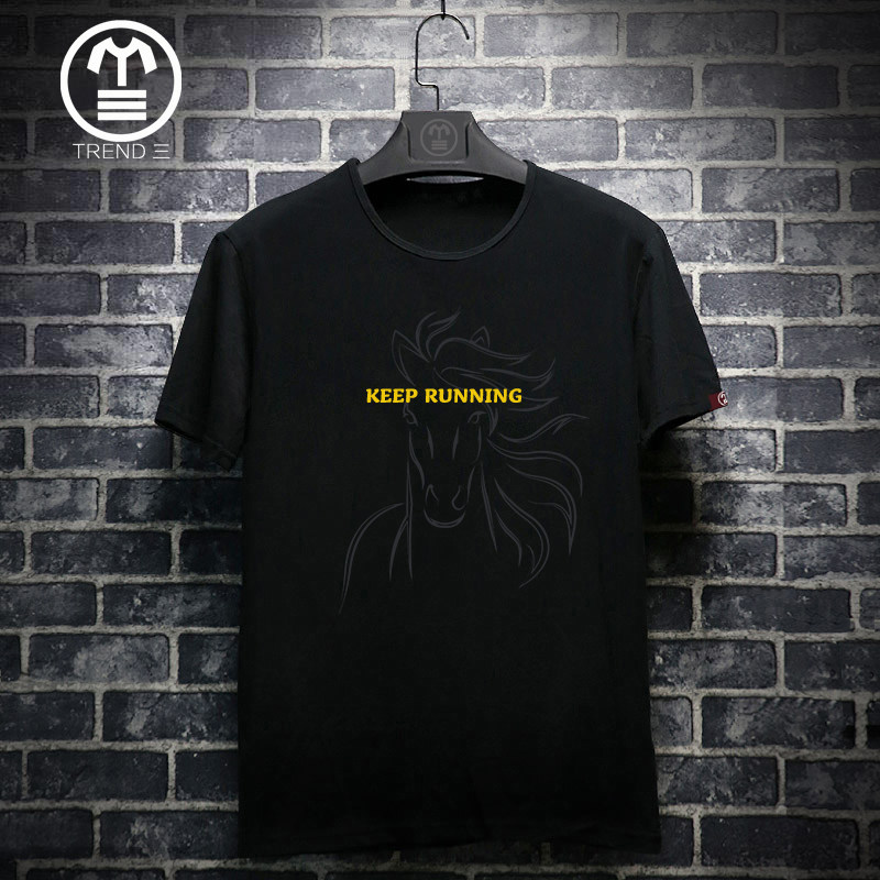 夏季新款青年短袖打底衫男士t恤马图腾印花修身圆领宽松大码体恤