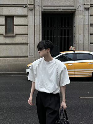 ACME man小众金属珠肩线条设计垫肩短袖简约纯棉t袖高级百搭上衣