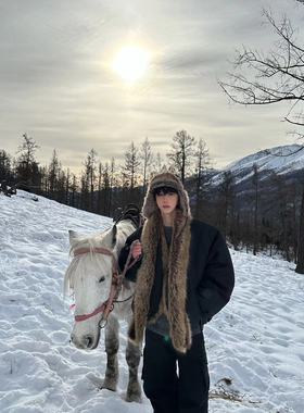 冬季欧美百搭仿狐狸毛毛围巾皮草仿貉子毛长款围巾保暖毛毛围脖男