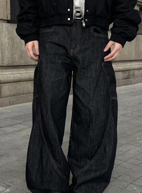 ACME MAN24秋冬男美式街潮个性分割宽松牛仔长裤复古刺绣弯刀裤