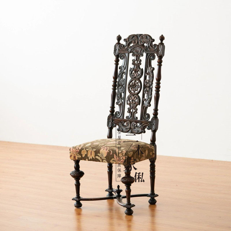 法式中古餐椅实木雕花古典椅美式复古椅子设计师款艺术感布艺椅r*
