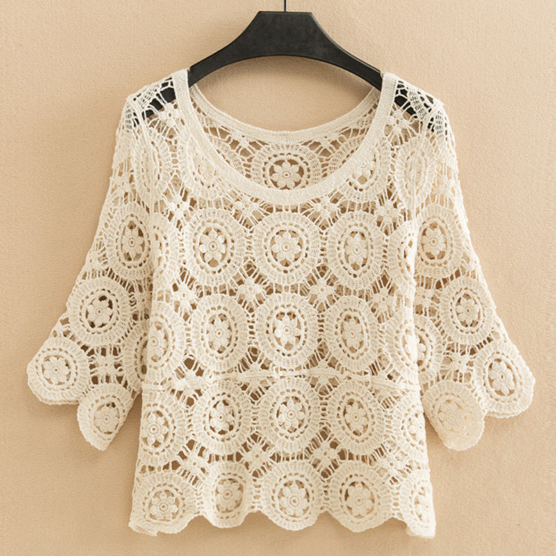 镂空外搭针织衫女新款套头夏装圆领7分袖宽松上衣短款外穿罩衫女