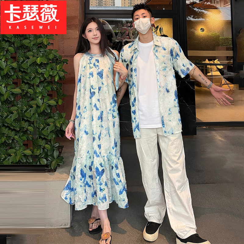 情侣装2026夏季新款无袖挂脖蝴蝶印花收腰连衣裙海边沙滩一裙一衣