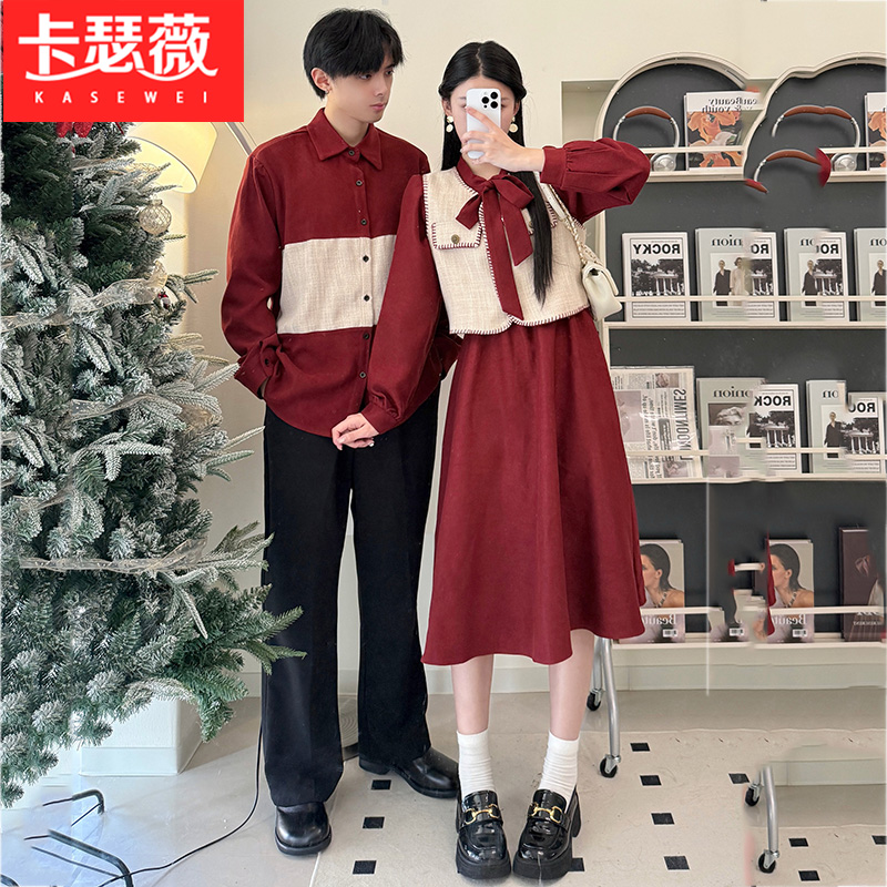 情侣装秋冬款杏色格纹订婚小香风马甲红色a字裙显瘦连衣裙两件套