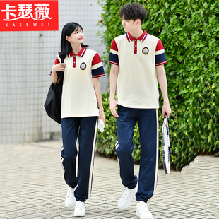 夏季情侣学生校服翻领polo衫短袖t恤女宽松上衣男运动套装班服INS