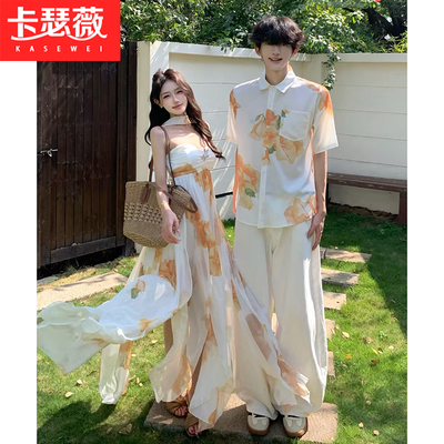 情侣装2026夏季海边度假风法式挂脖抹胸沙滩露背飘带长裙一衣一裙
