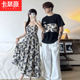 海边度假风情侣装 一裙一衣ins潮 夏季 小众设计感吊带女连衣裙法式