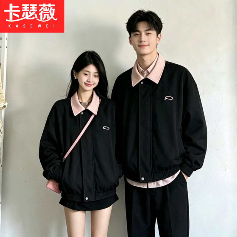 情侣装2026秋季新款男女绣花夹克短外套复古机车服防麂皮绒上衣潮