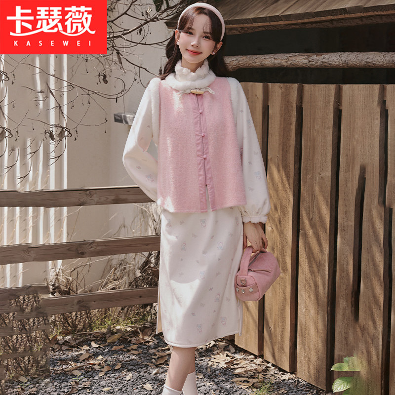 碎花复合绒改良旗袍裙少女2026秋冬新款初中高中学生中长款连衣裙