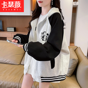 学院风撞色连帽棒球服少女秋季新款初中高中学生百搭宽松外套上衣