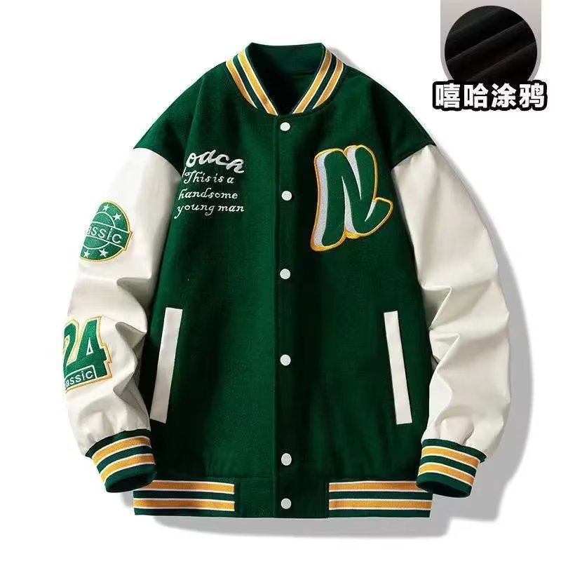 潮牌拼接夹克新款印花棒球服潮男