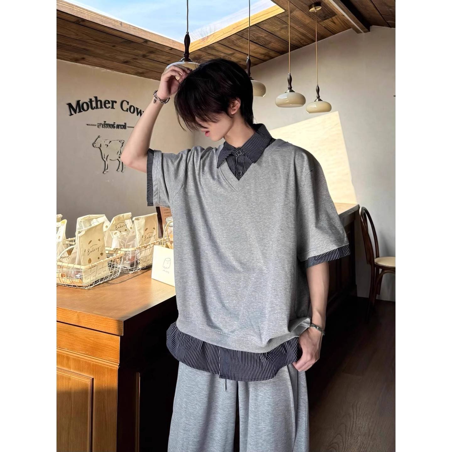 花灰色假两件Polo衫短袖男夏季