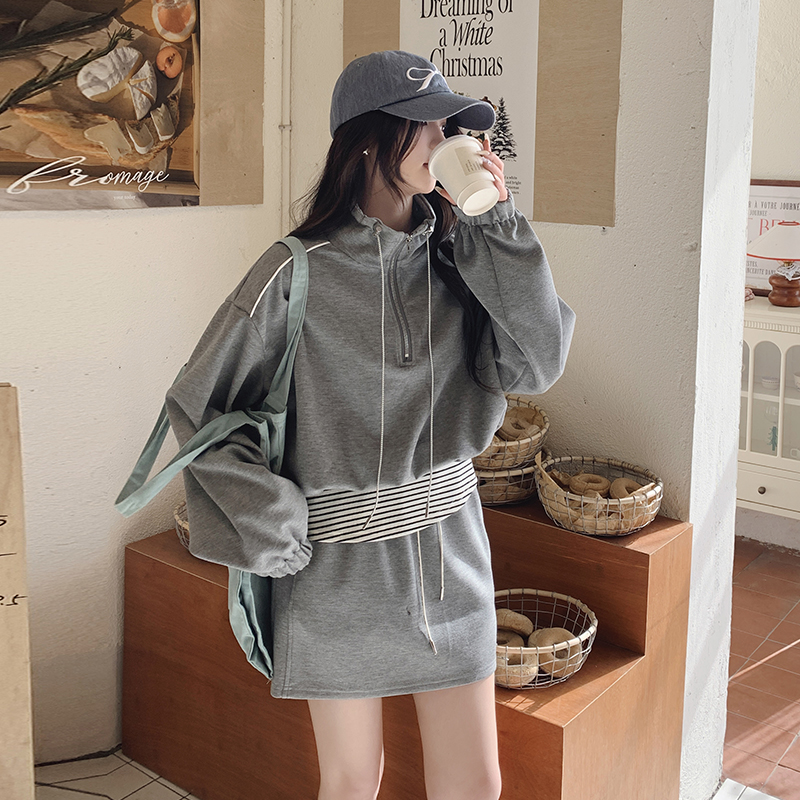 灰色运动风卫衣套装裙女2025春季新款韩系ootd半身裙小个子两件套，女装套装/套裙，浙宝098