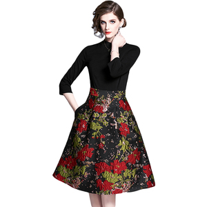 RY1499#提花拼接大摆连衣裙长裙通勤