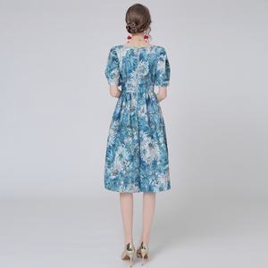 RY1501#花园油画花泡泡袖收腰宫廷法式复古连衣裙少女花色