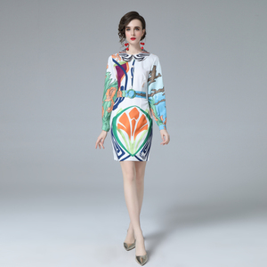 RY1500#娃娃领长袖不规则印花连衣裙