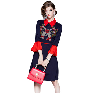 RY1496#重工刺绣拼色喇叭袖秋季连衣裙