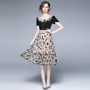 RM5424#新款蕾丝刺绣复古连衣裙短袖网纱公主裙送腰带