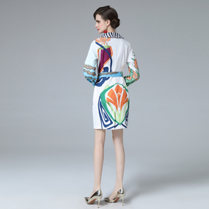 RY1500#娃娃领长袖不规则印花连衣裙