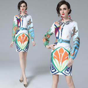 RY1500#娃娃领长袖不规则印花连衣裙