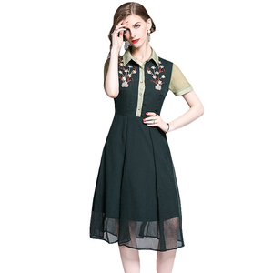 RY1494#端庄大气收腰衬衫领雪纺连衣裙中长款A字女裙