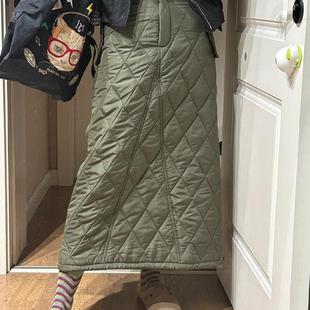 包臀一步棉裙 直筒长裙军绿色工装 菱格夹棉半身裙女冬季 加厚中长款