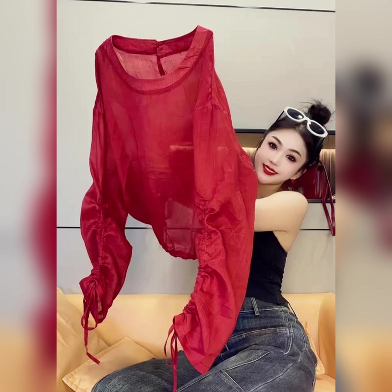 红色亚麻衬衫女夏季新款