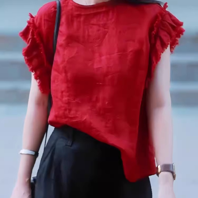 法式高级感亚麻红色短袖上衣