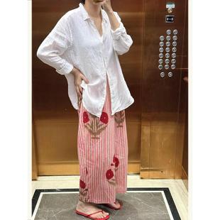 早秋慵懒松弛感穿搭复古田园度假风薄款花卉印花条纹阔腿裤女