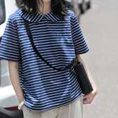 翻领百搭复古娃娃领T恤短袖 针织蓝白条纹海魂衫 女 新款 2024夏季