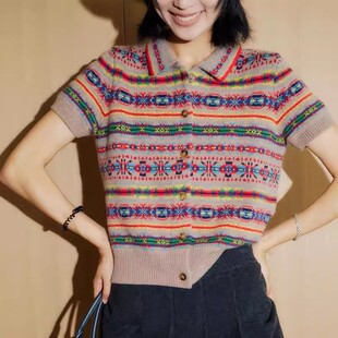 复古费尔岛撞色POLO领短袖针织衫女宽松显瘦百搭毛衣