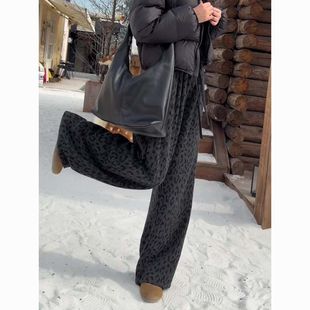 女士抽绳松紧腰显瘦长裤 复古个性 新款 女2025秋冬装 豹纹印花休闲裤