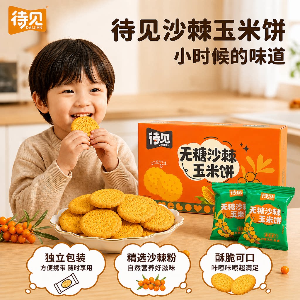 待见无糖沙棘玉米饼168g*2袋独立小包装饼干零食开袋即食老式早餐