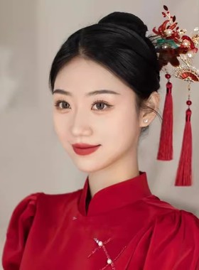 新娘头饰中式古典红色绒花流苏步摇发簪子汉服旗袍礼服造型发饰品