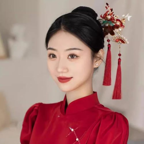 新娘头饰中式古典红色绒花流苏步摇发簪子汉服旗袍礼服造型发饰品