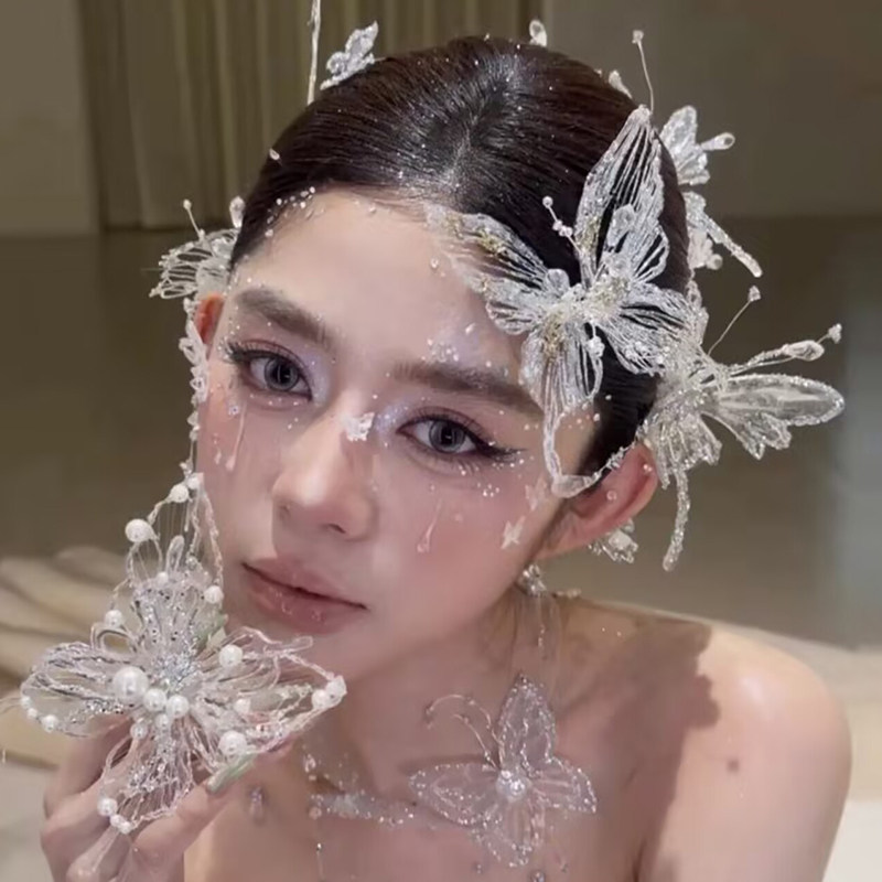 新娘新款头饰水晶手工蝴蝶发饰发夹高级结婚婚纱舞台礼服大气配饰