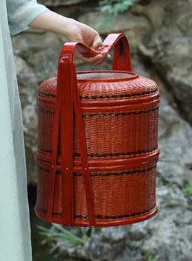 手工竹编食盒复古竹篮拜拜提篮野餐篮子 婚庆红色结婚用的喜箩筐