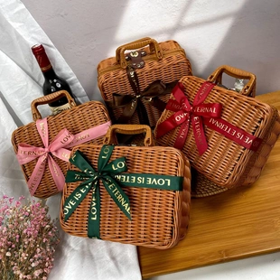 藤编手提箱编织箱生日礼物箱子绑丝带套餐咖色藤箱结婚伴手礼盒