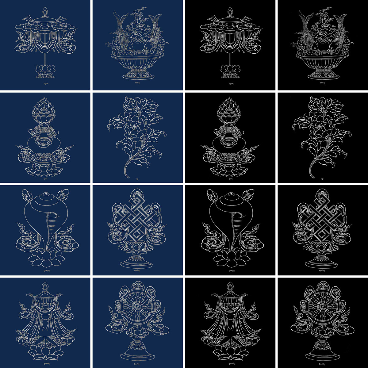 唐卡描金 吉祥八宝白描线稿  八吉祥 涂色自己diy手绘唐卡 装饰画