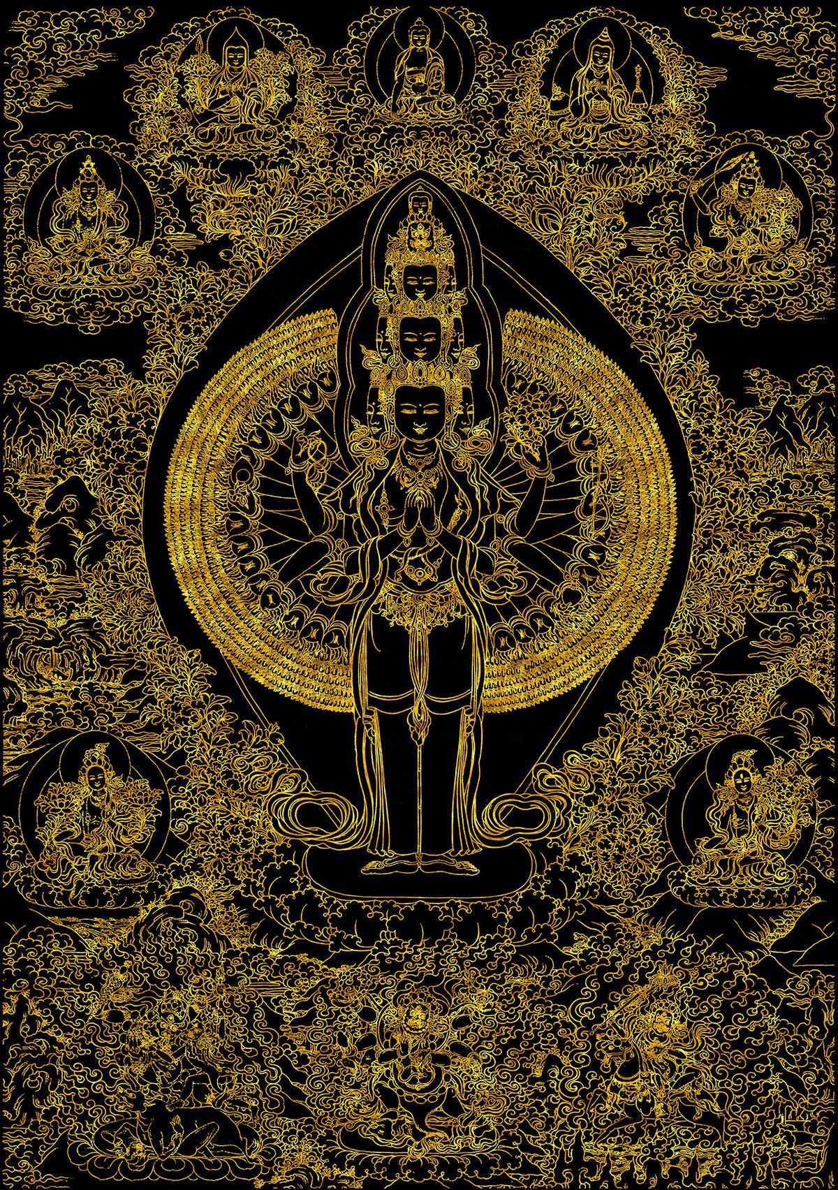 热贡千手观音属鼠 本命佛唐卡描金 手绘diy消磨时间 减压手工修行