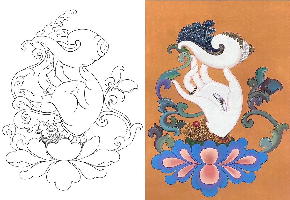 唐卡手绘diy描金线稿宝螺佛手如意佛手稿唐卡描金涂色佛像白描
